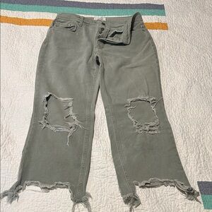 We The Free Olive Green Distressed Flare Jeans